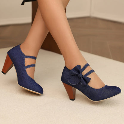 Round Toe High Heels with Denim Bow