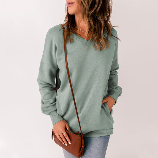 Women's V-Neck Pullover Sweater with Long Sleeves and Pocket - Loose Fit