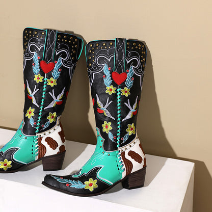 Women's Denim Western Leather Boots with Exquisite Embroidery