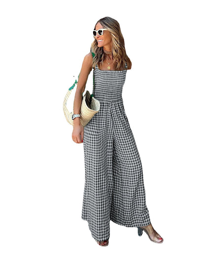 Elegant Women's Trousers Mid Waist Plaid Jumpsuit