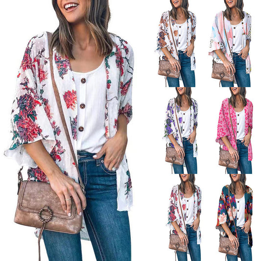 Fashion Flower Print Shirt Jacket Women Top