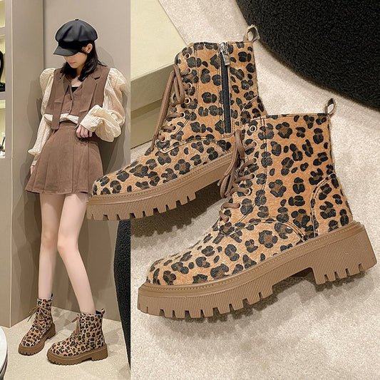 Plus Size Leopard Print Lace-Up Martin Boots with Thick Bottom