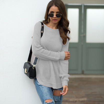 Split Round Neck Long Sleeve Sweater Pullover - Cozy and Stylish