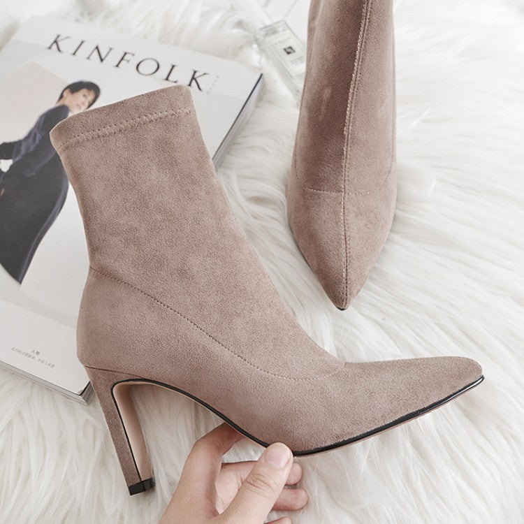 Women's Pointed Toe Short Suede Boots with Elastic High Heel