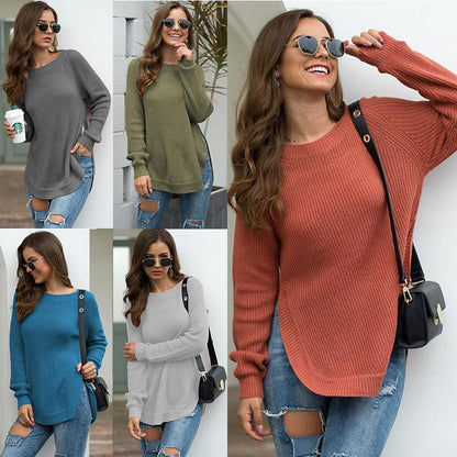 Split Round Neck Long Sleeve Sweater Pullover - Cozy and Stylish