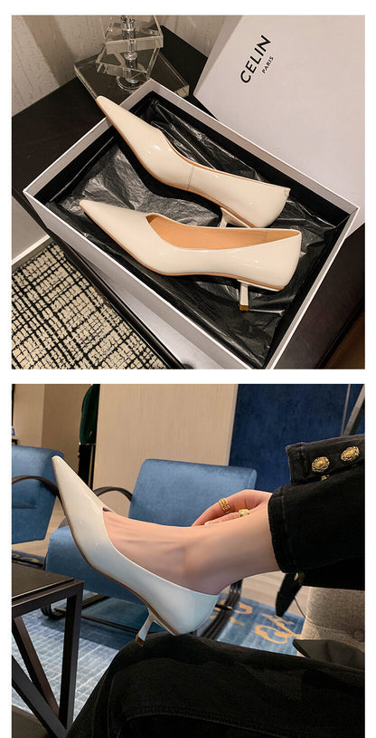 Korean Style Stiletto Heel Pointed Toe V-Shaped Mouth Pumps in Patent Sheepskin