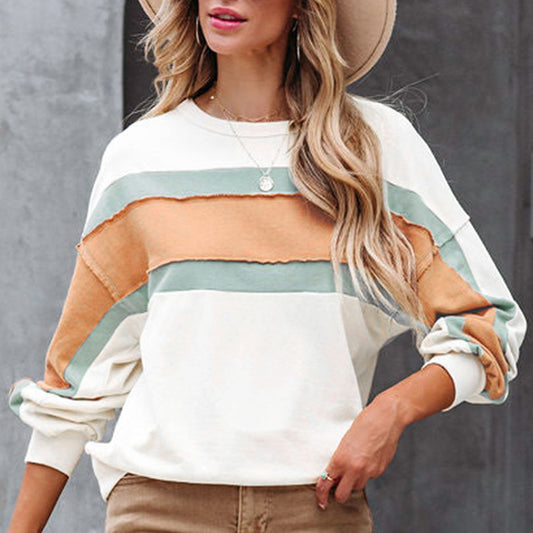 Striped Stitching Contrast Color Long Sleeves Sweater