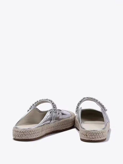 Summer Flat Round Toe Rhinestone Straw Woven Casual Half Slippers