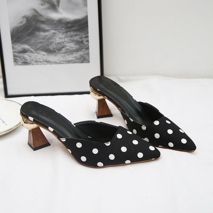 Square Toe Polka Dot Slippers with Thick High Heels and Round Buckle for Women