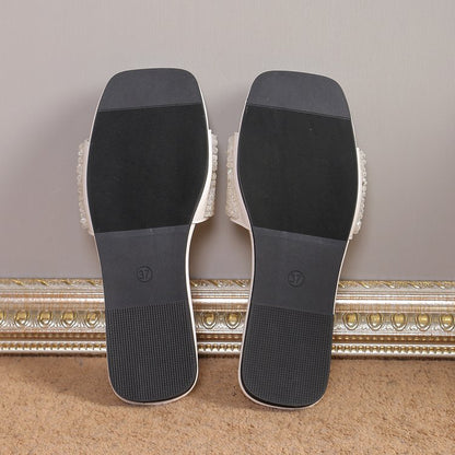 Fashionable Pearl Embellished Flat Slippers for Women