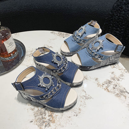 Fashionable Wedge Denim Sandals with Round Toe, Peep Toe, and Rhinestone High Heels – Comfortable and Stylish