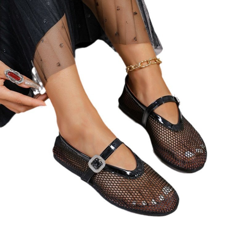 Round Head Rhinestone Buckle Mesh Hollow-Out Women's Sandals