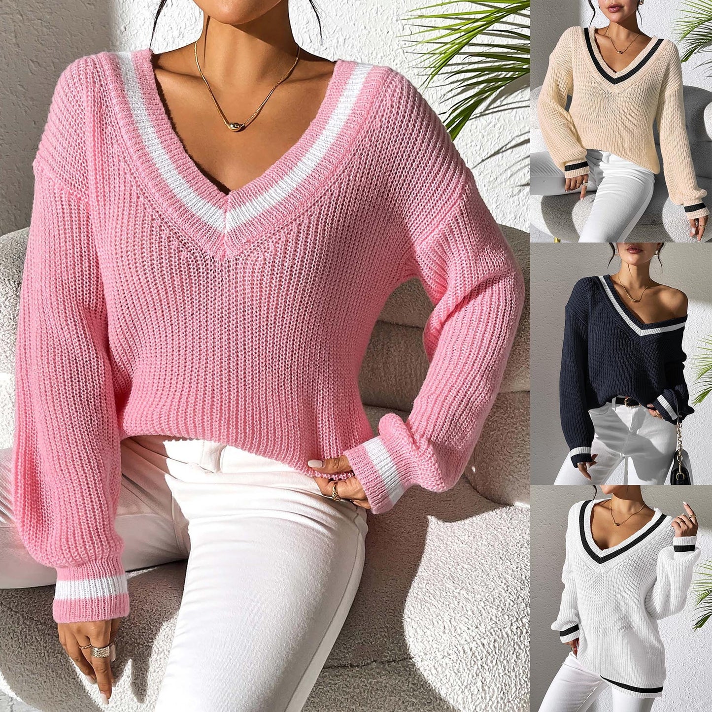 Women's Casual Loose-Fit V-Neck Contrast Color Sweater