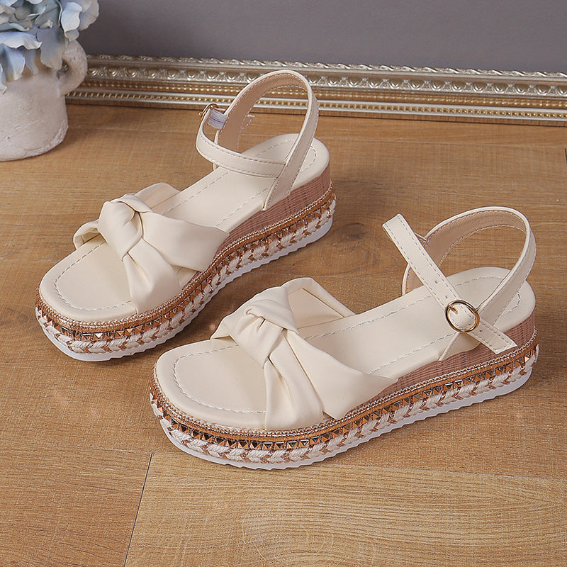 Fashion Flat Open Toe Sandals with Hemp Rope, Buckle, and Cross Bow