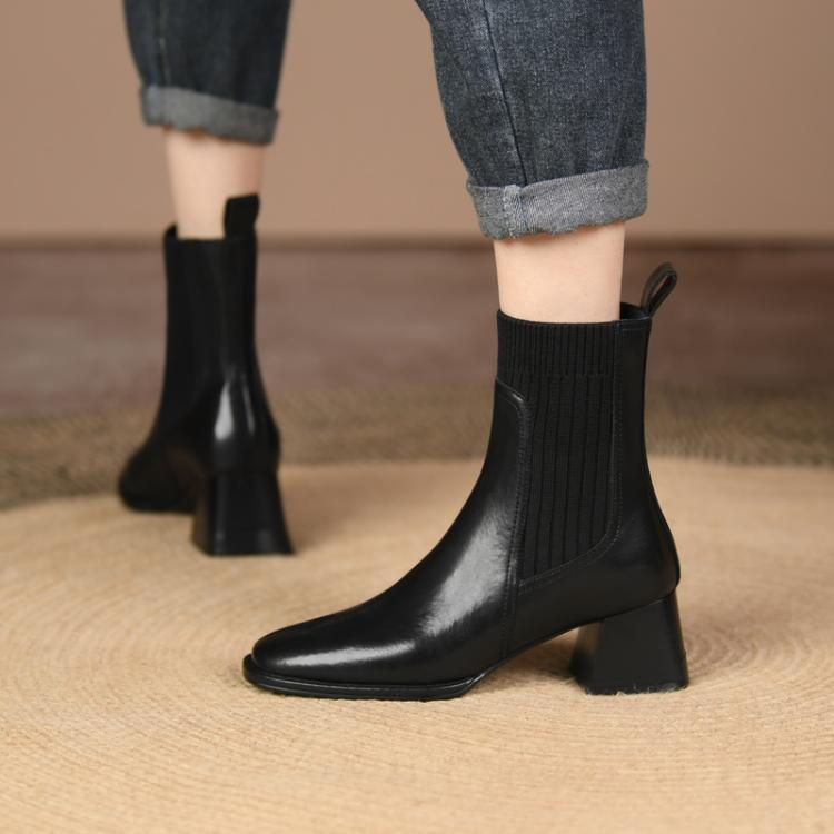 Square Toe Vintage French Chunky Heel Women's New Brown Knitted Stretch Socks High Heel Ankle Boots