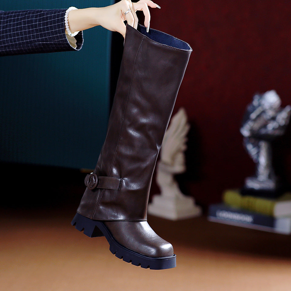 Autumn and Winter Chunky Heel Pants Boots with Belt Buckle and Non-Slip Sole