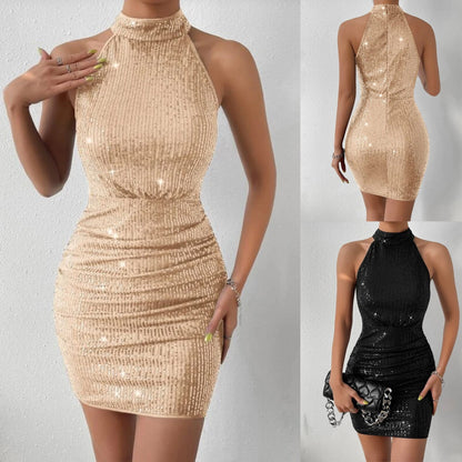 Women's Halter Pleated Sequin Bodycon Dress - European & American Style