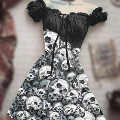 Halloween 3D Skull Print Women's Short Sleeve A- Line Skirt