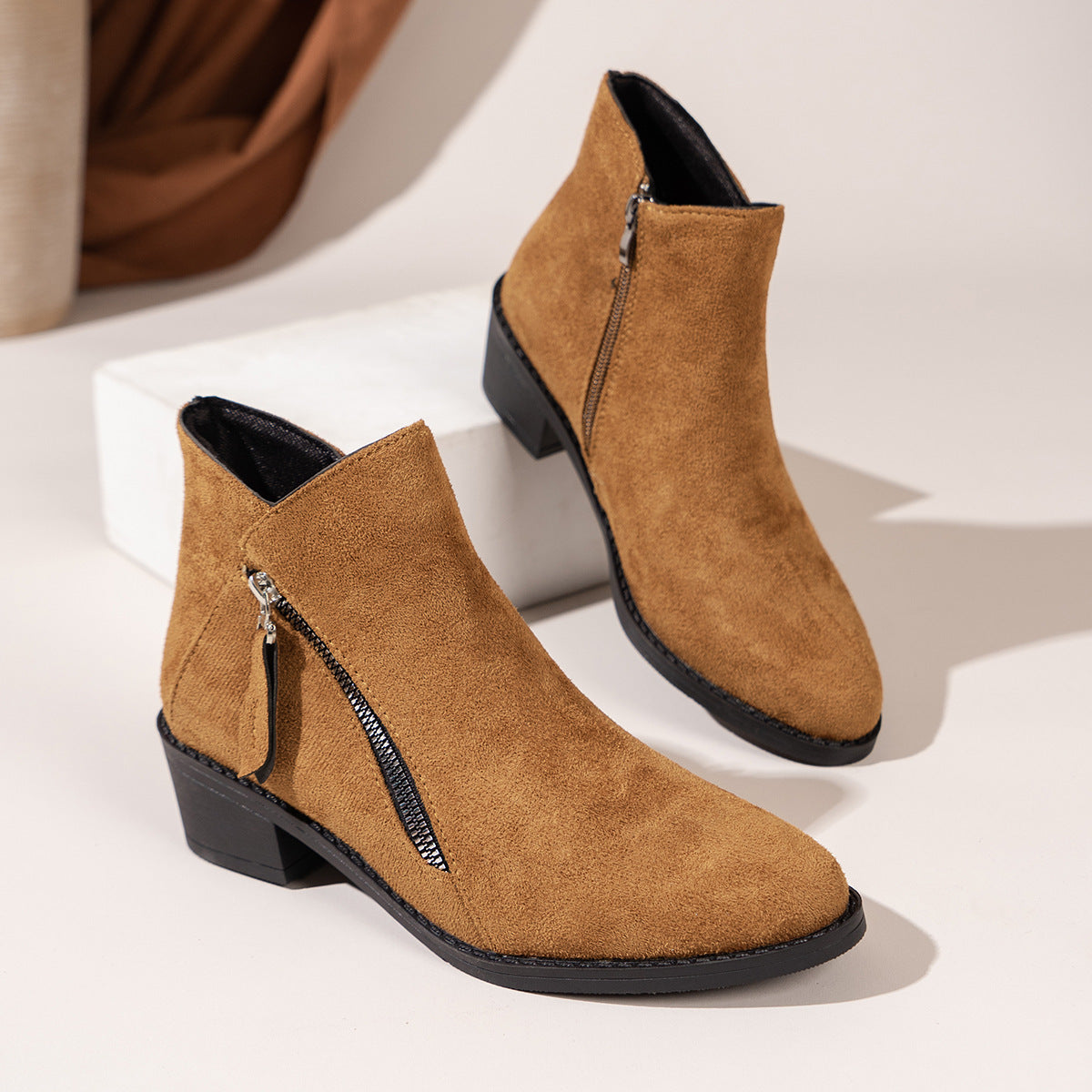 Women's Suede Chunky Heel Booties with Rubber Sole