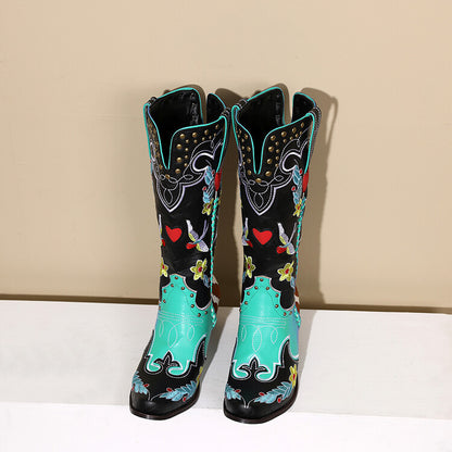 Women's Denim Western Leather Boots with Exquisite Embroidery