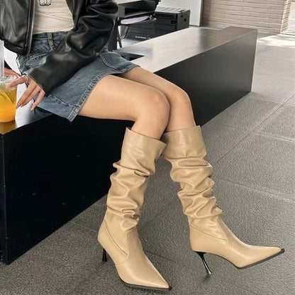 European and American Style Pointed Toe Pleated High Boots