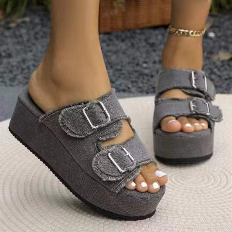 Women's Fashion Denim Buckle Wedges Sandals, Summer Outdoor High Heel Slippers with Thick Bottom