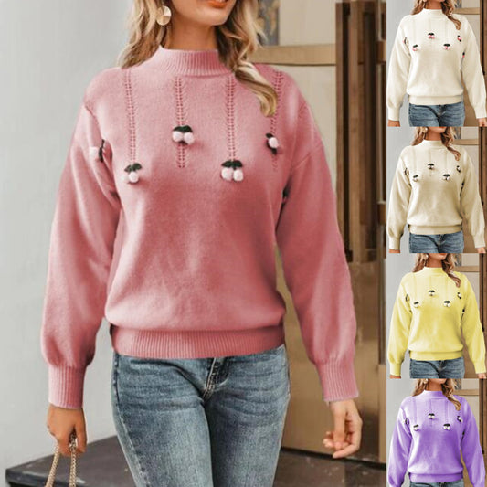 Stylish Long-Sleeve Sweater with Chic Cherry Print