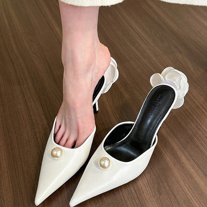 Women's Pointed Pearl High Heel Mules – Half Slippers