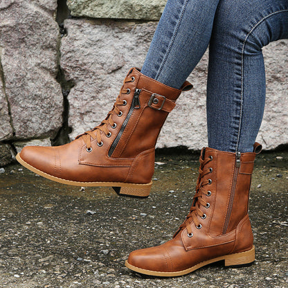 Women's Solid Color Lace-Up Low Heel Mid-Calf Boots