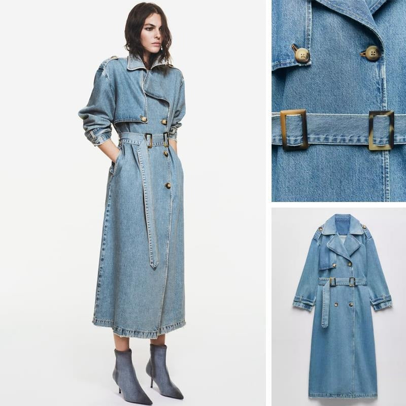 Stylish Double-Breasted Denim Trench Coat: Loose Mid-Length w/ Belt