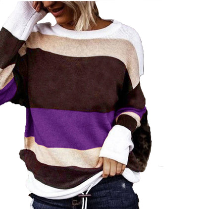 Women's Loose Crew Neck T-Shirt with Colorful Stripes