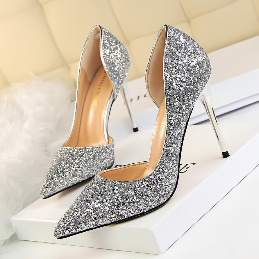 Skinny Women's Stiletto Heels with Pointed Toe, Side Hollow-out, and Sequin Accents