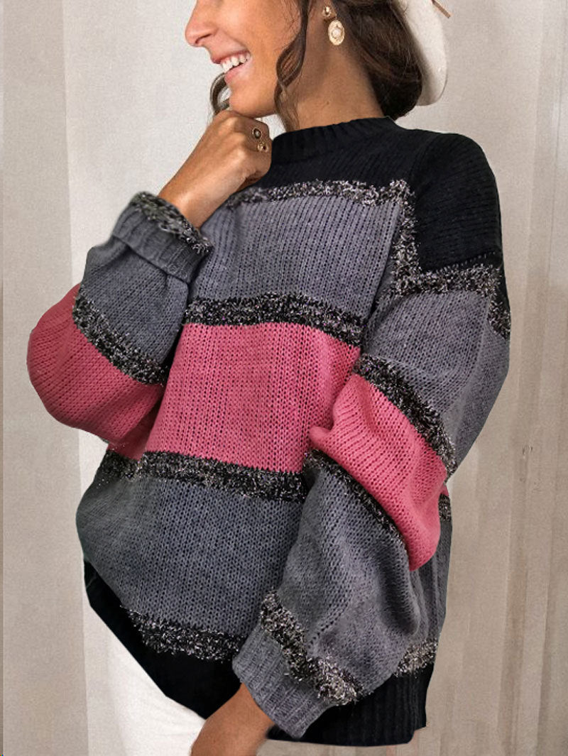 Colorful Women's Loose Sweater with Multicolor Stitching