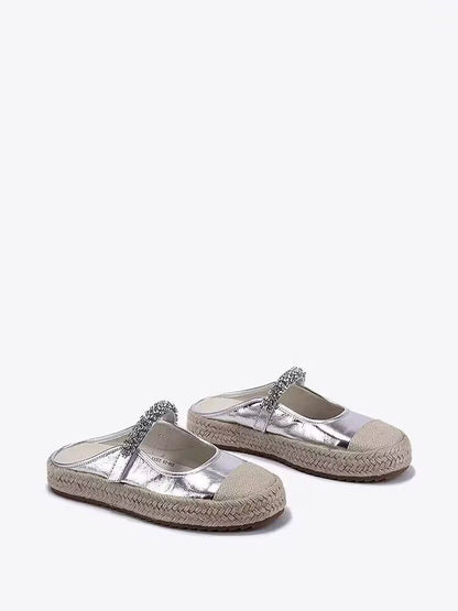 Summer Flat Round Toe Rhinestone Straw Woven Casual Half Slippers