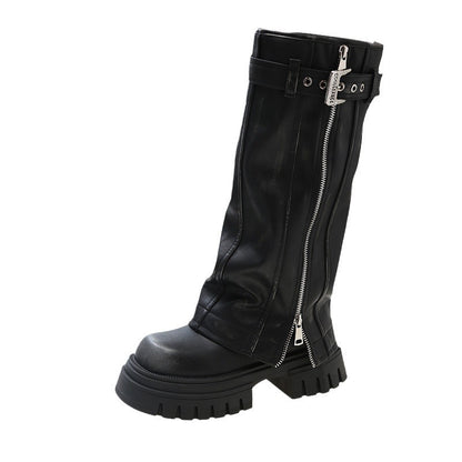 Women's Heavy-Duty Zipper High-Top Boots with Round Toe and Thick Sole, Below-the-Knee Style