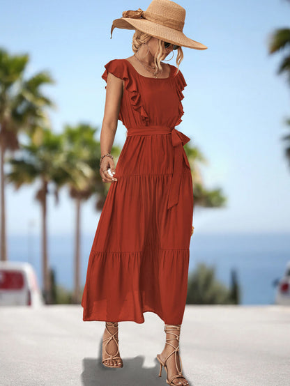 Square Collar Ruffled Dress for European and American Style