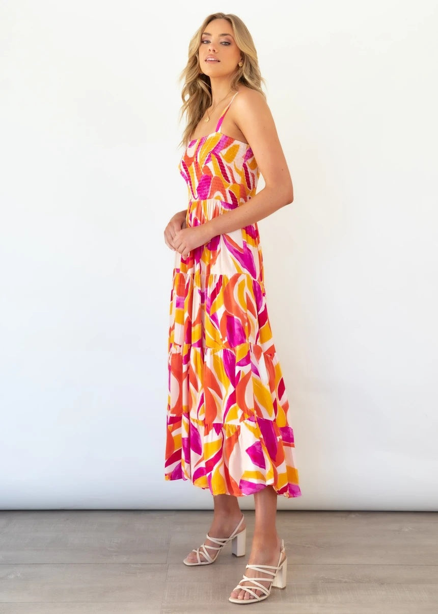 Floral Print Pleated Dress with Sexy Spaghetti Straps