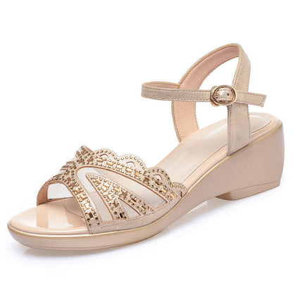 Womens Soft Leather Summer Sandals Hollow Mesh Peep Toe Shoes