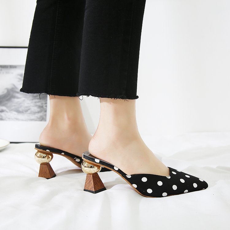 Square Toe Polka Dot Slippers with Thick High Heels and Round Buckle for Women