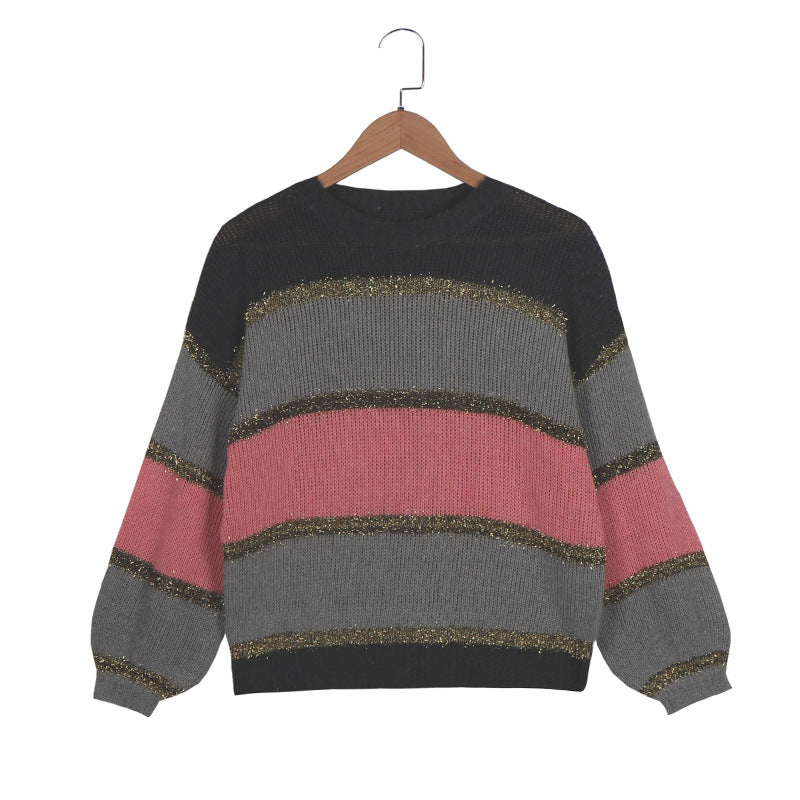 Colorful Women's Loose Sweater with Multicolor Stitching