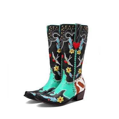 Women's Denim Western Leather Boots with Exquisite Embroidery