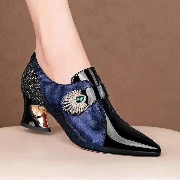 Women's Fashion Rhinestone Mid Heel Deep Mouth Pumps in Soft Leather