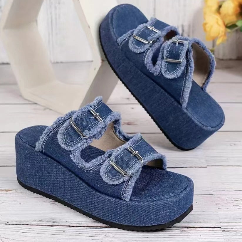 Women's Fashion Denim Buckle Wedges Sandals, Summer Outdoor High Heel Slippers with Thick Bottom