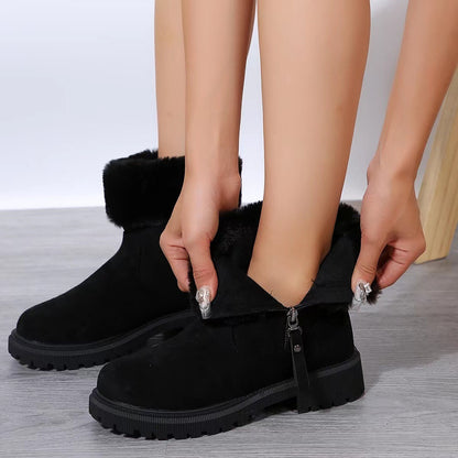 Warm Plush Winter Fashion Side-Zipper Snow Boots for Women - Outdoor Thickened Low-Heeled Shoes