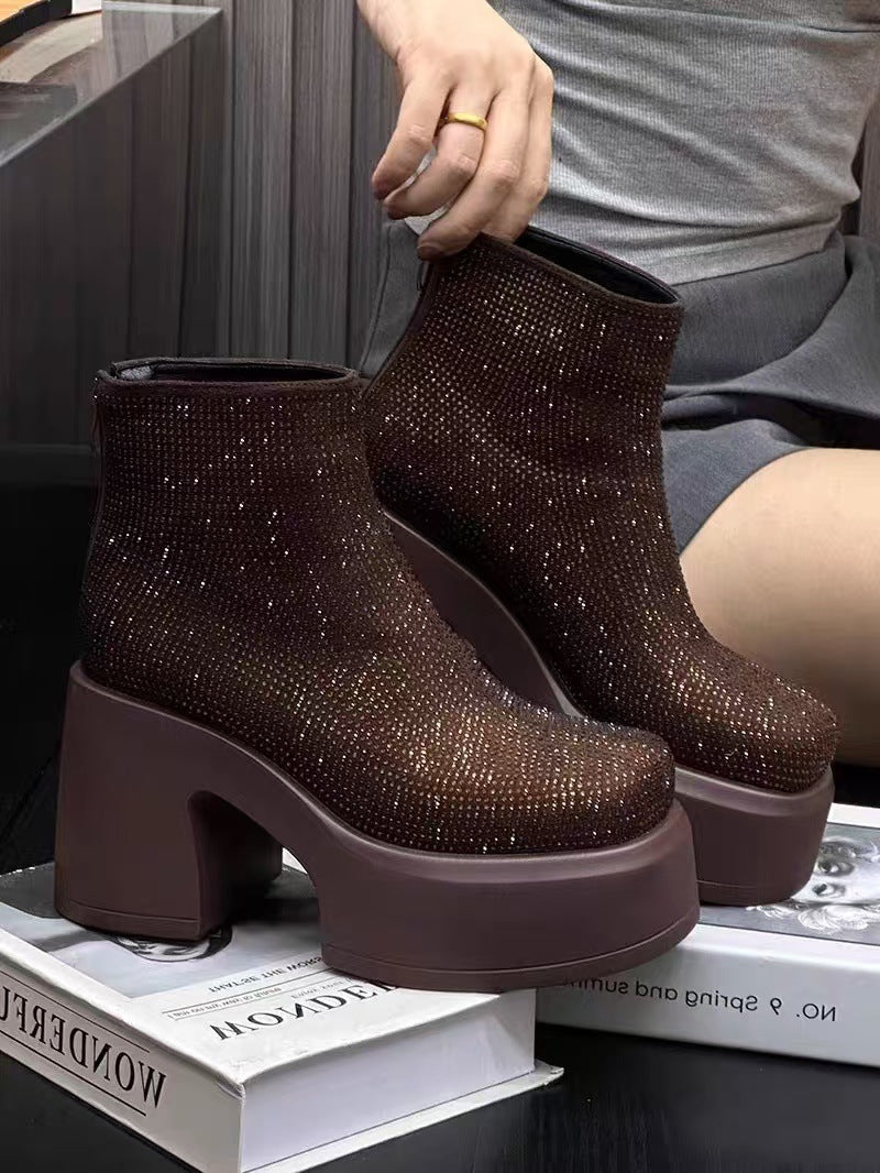 Starry Rhinestone Platform Chunky Heel Ankle Boots