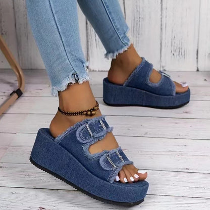 Women's Fashion Denim Buckle Wedges Sandals, Summer Outdoor High Heel Slippers with Thick Bottom