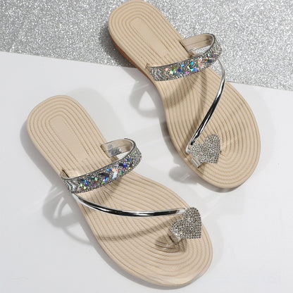 Minimalist Flat Rhinestone Heart-shaped Flip-flops