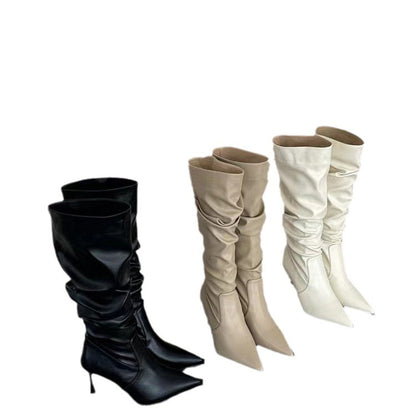 European and American Style Pointed Toe Pleated High Boots