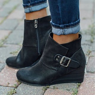 Platform Wedge Heel Ankle Boots with Side Zipper and Buckle