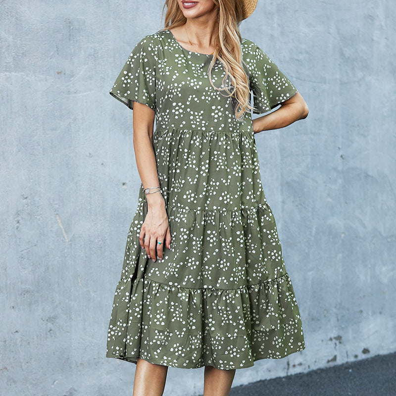 Short Sleeve Printed Round Neck Stitching Casual Dress